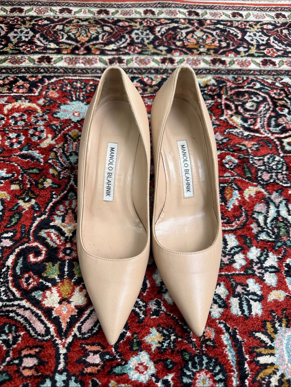 Manolo Blahnik Beige Pointed-Toe Leather Pumps